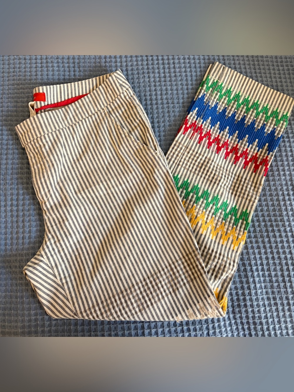 CARTONNIER Striped Cotton crop Pants with Colorful Embroidered Side Panel